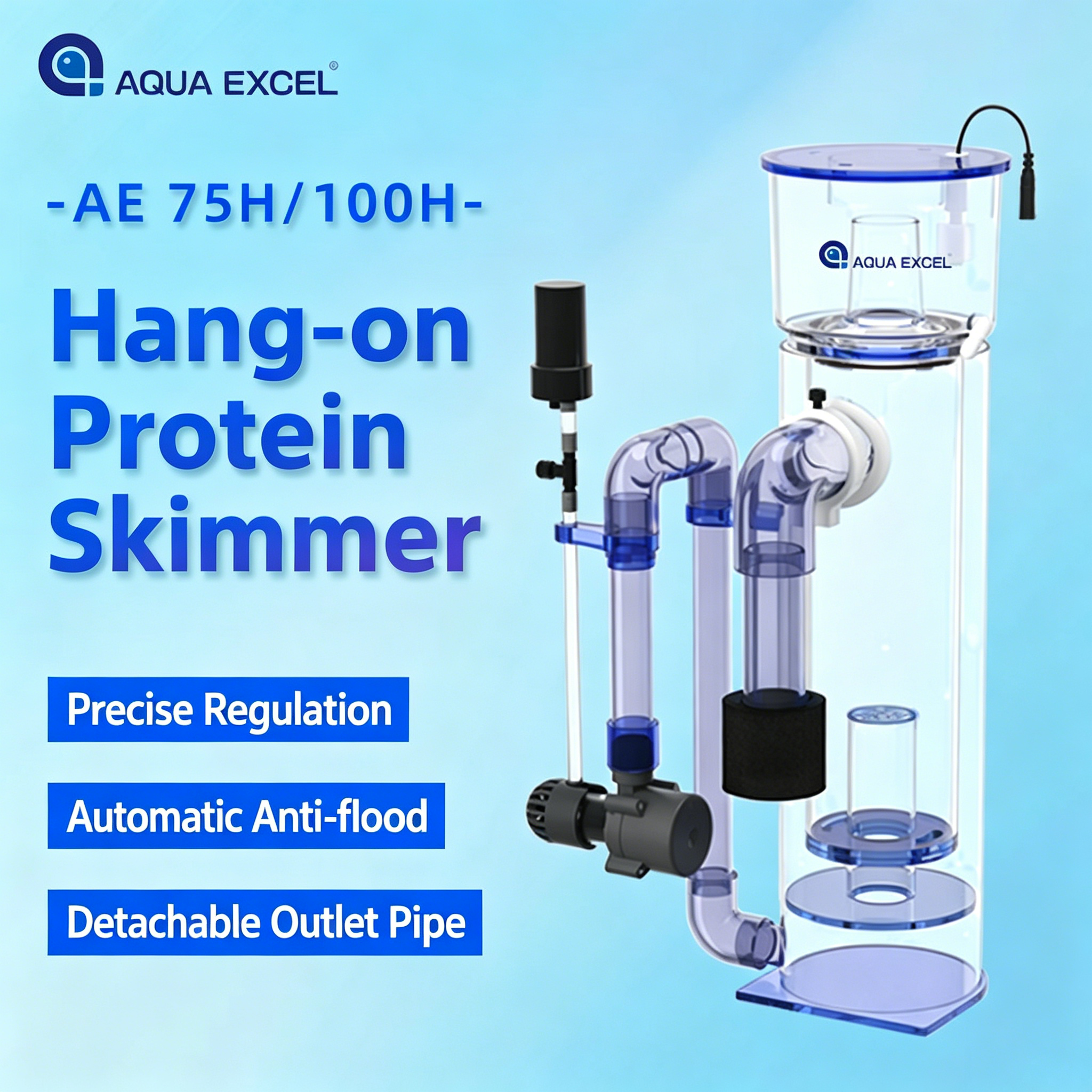 Marine Aquarium Protein Skimmer - AQUA EXCEL AE-75H/100H Hang-on DC Aquarium